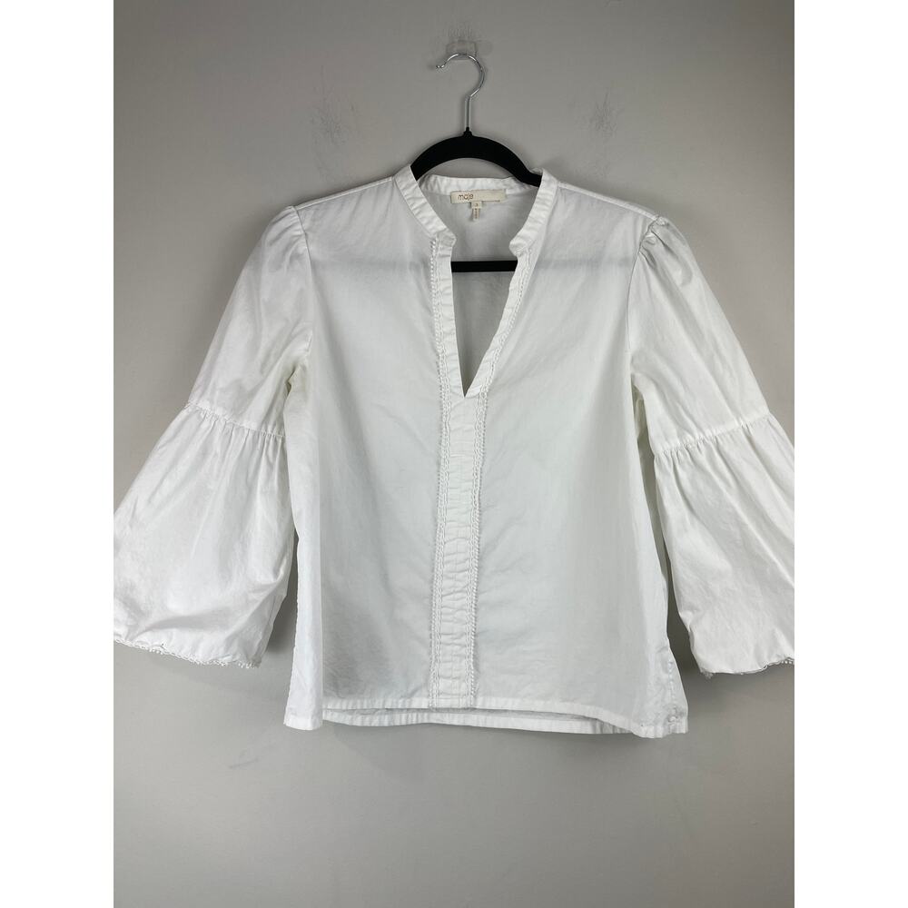 Maje Paris White Cotton Poplin Litige Puff Sleeve Eyelet Boho Blouse Size 3 L